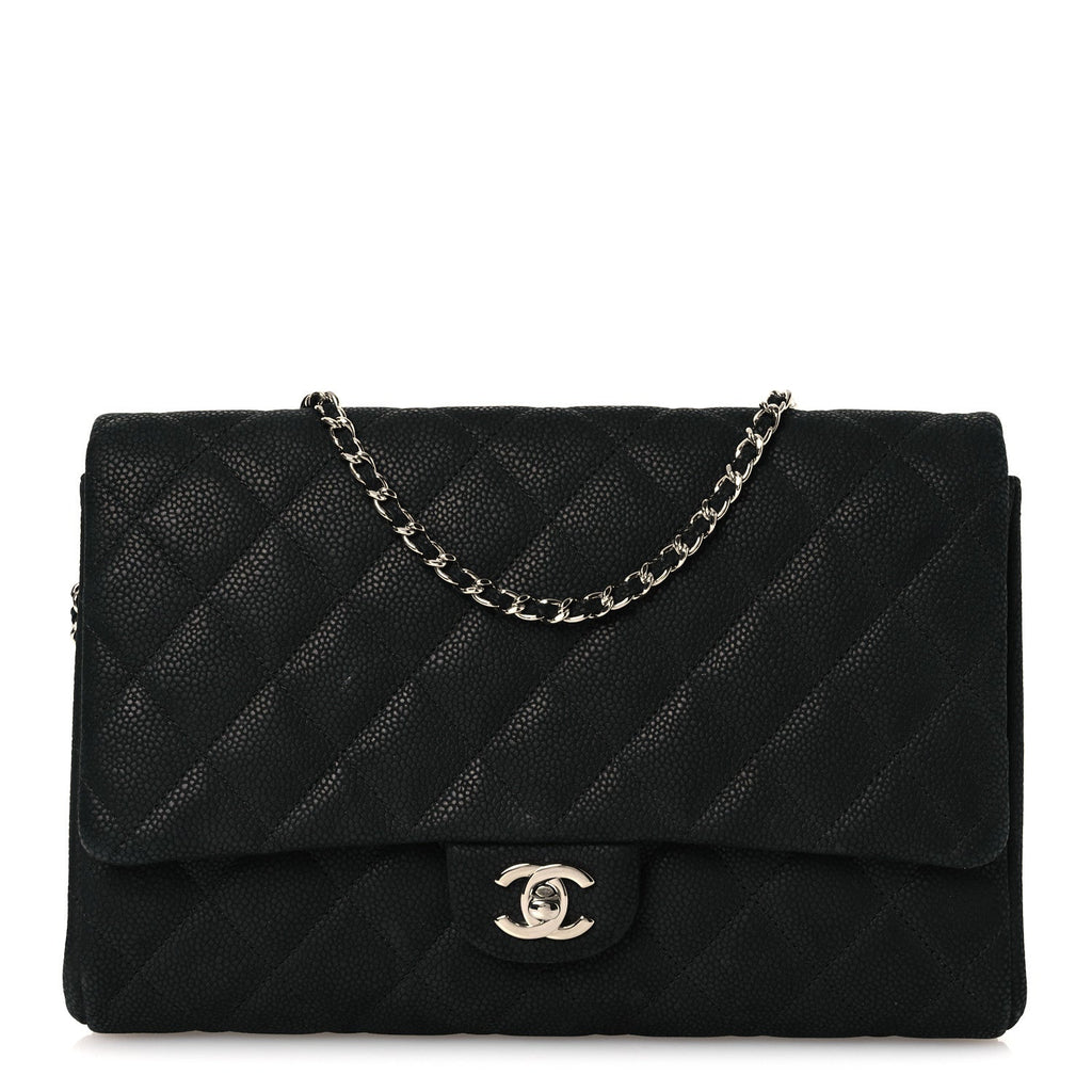 Iridescent Caviar Quilted Clutch With Chain Flap Black