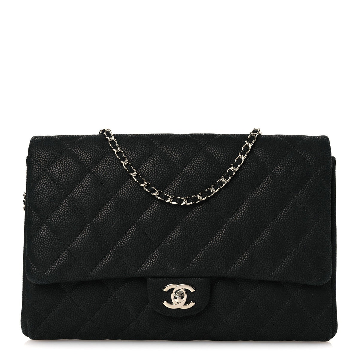 Iridescent Caviar Quilted Clutch With Chain Flap Black