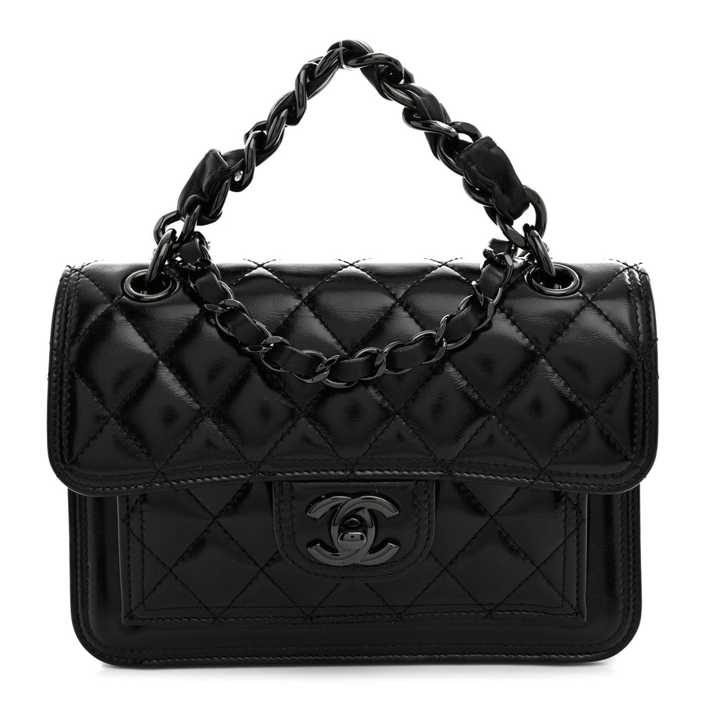 Shiny Crumpled Calfskin Quilted Double You Mini Flap So Black