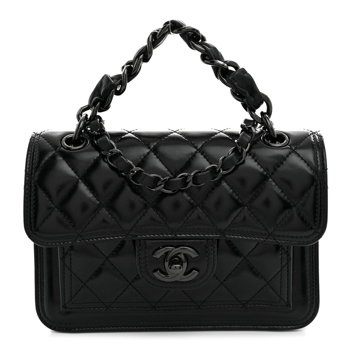 Shiny Crumpled Calfskin Quilted Double You Mini Flap So Black