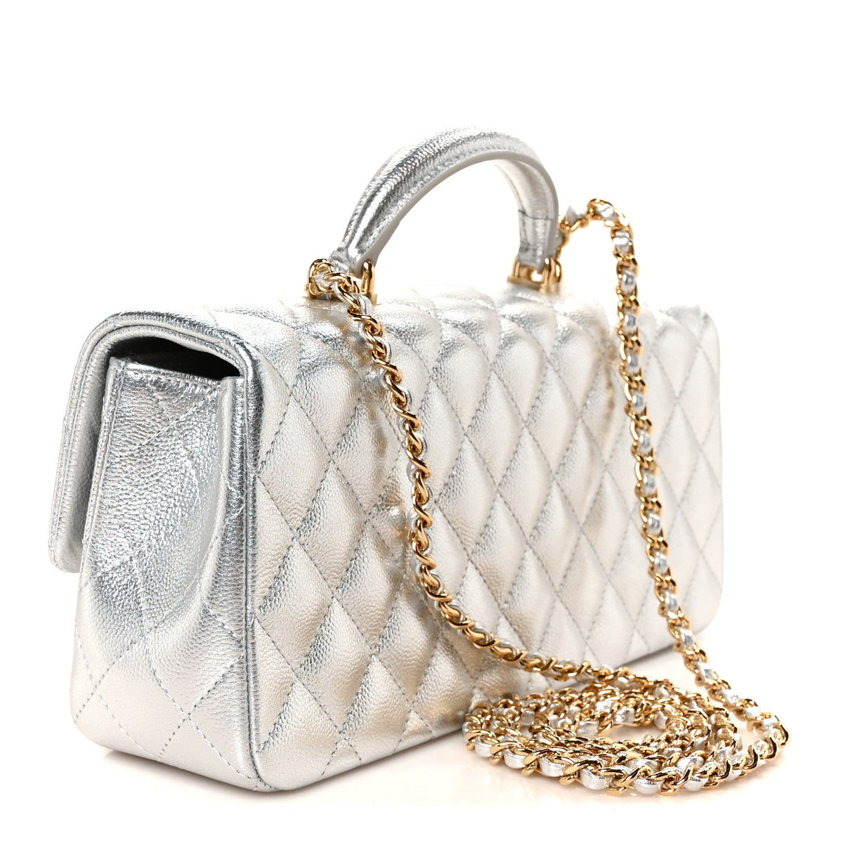 Metallic Caviar Quilted Top Handle East West Flap Silver