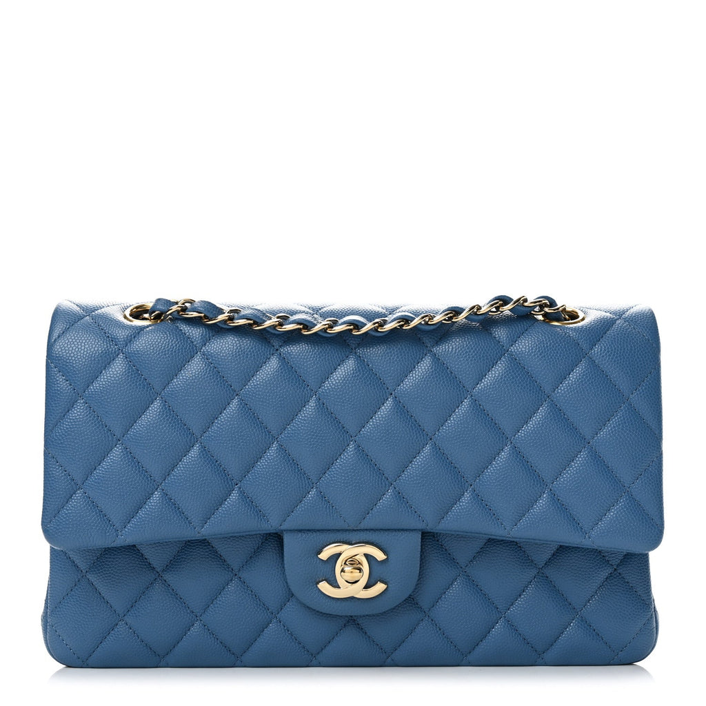 Caviar Quilted Medium Double Flap Blue
