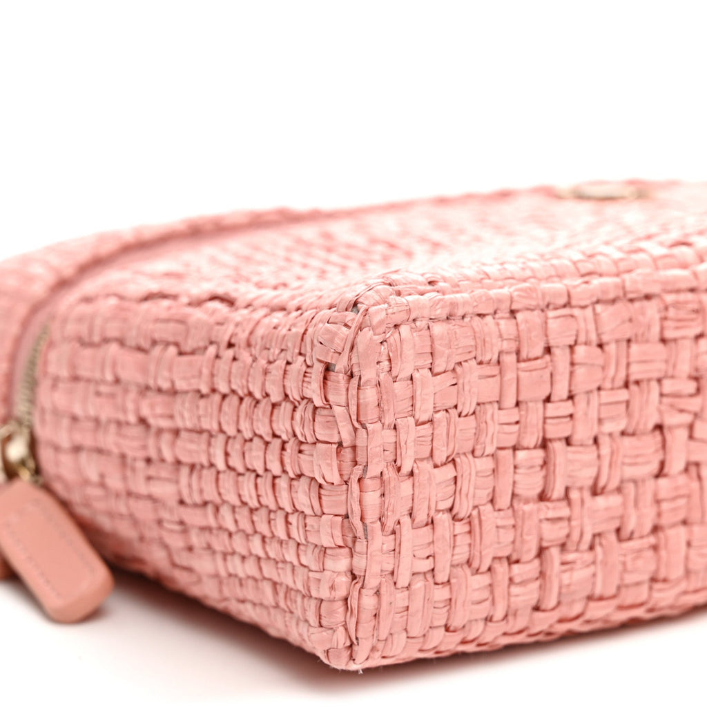 Braided Raffia Quilted Top Handle Slim Vanity Case With Chain Light Pink