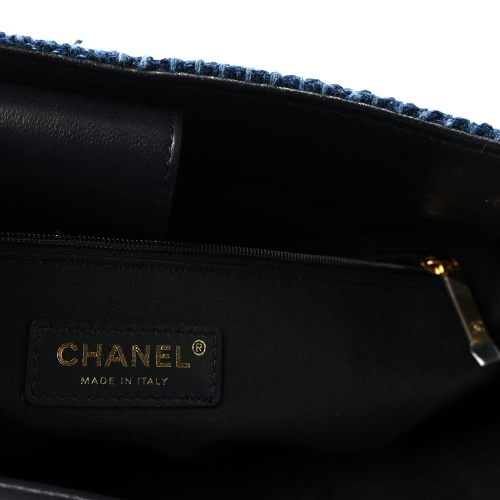 Tweed Shiny Lambskin Quilted Coco Base Small Shopping Bag Dark Blue