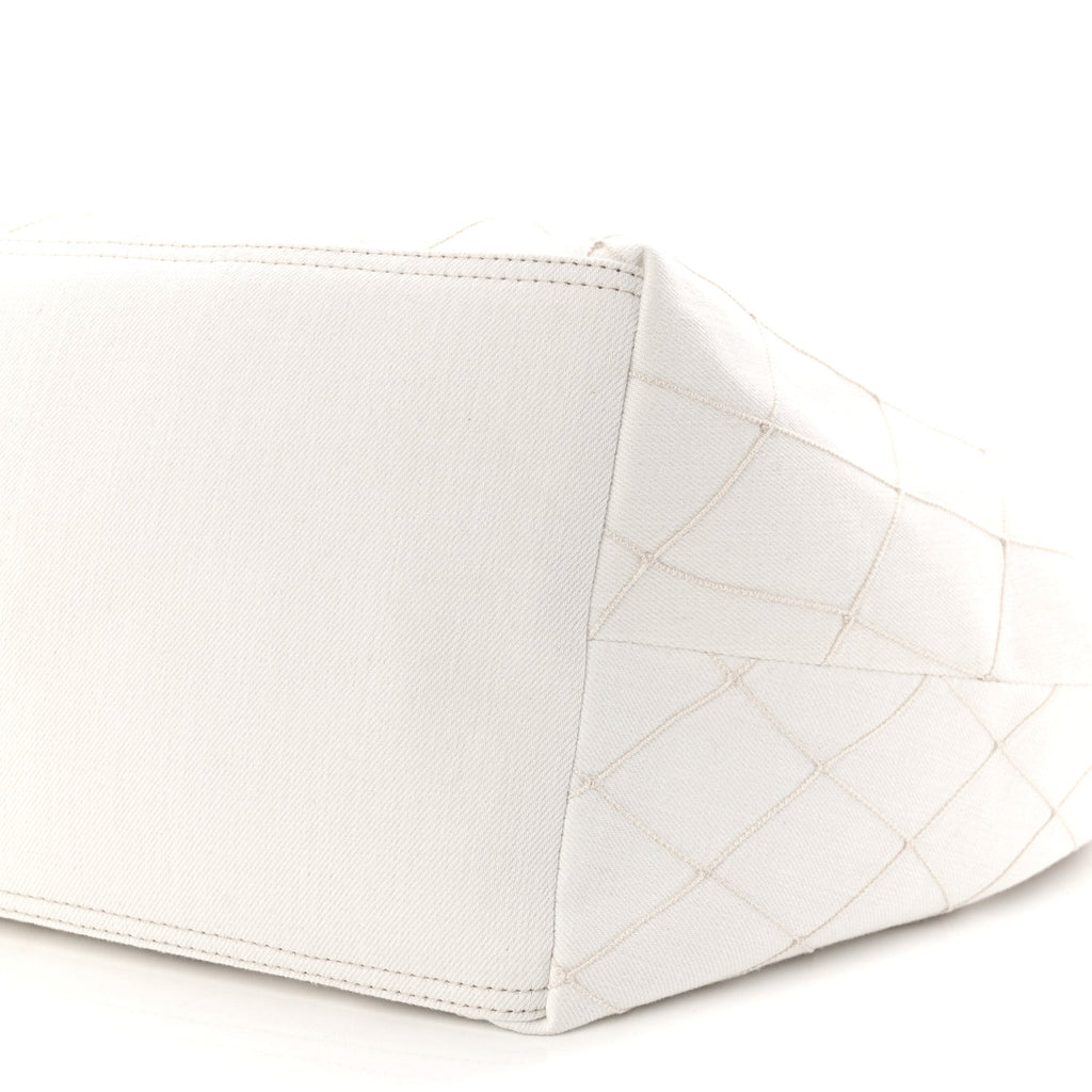 Denim Calfskin Quilted Coco Beach Small Shopping Tote White Black