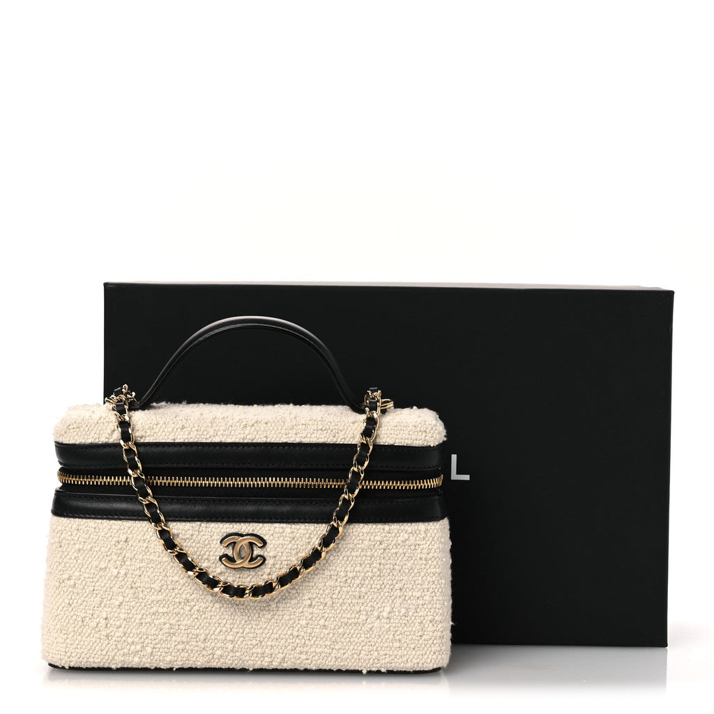 Boucle Calfskin Top Handle Slim Vanity Case With Chain Ecru Black