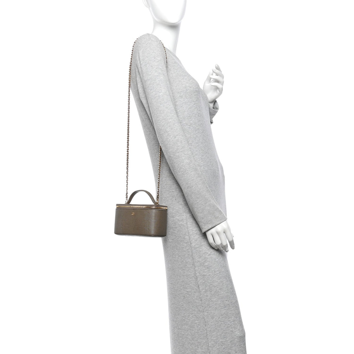 Calfskin Lizard Embossed Top Handle Vanity With Chain Dark Khaki