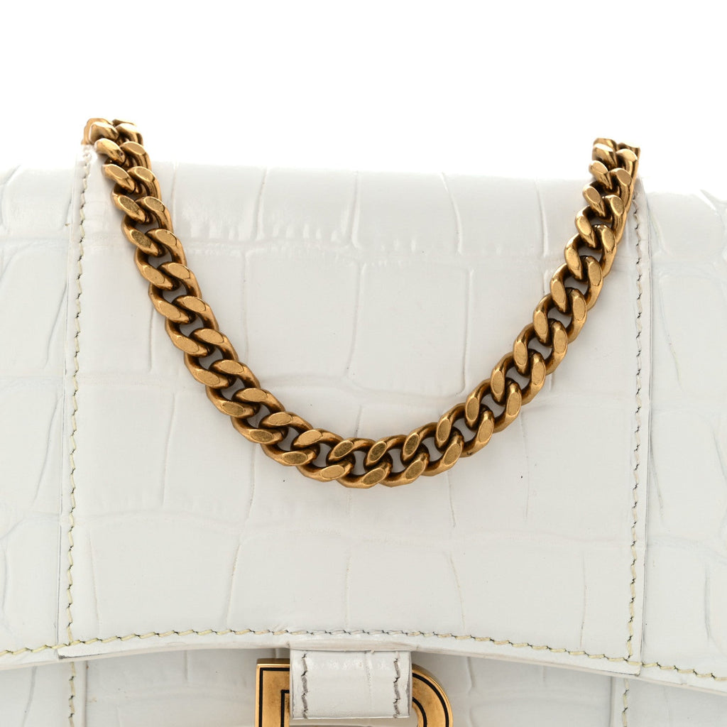Shiny Calfskin Crocodile Embossed Hourglass Chain Bag White