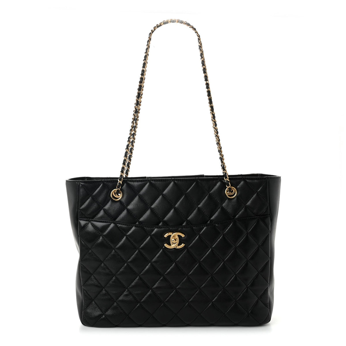 Shiny Lambskin Quilted Medium Shopping Tote Black
