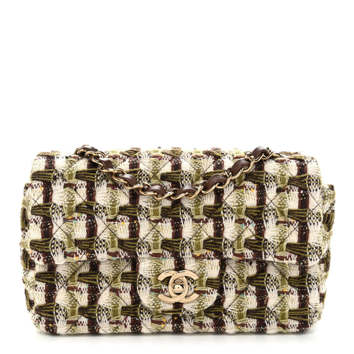 Tweed Quilted Mini Rectangular Flap Green Brown