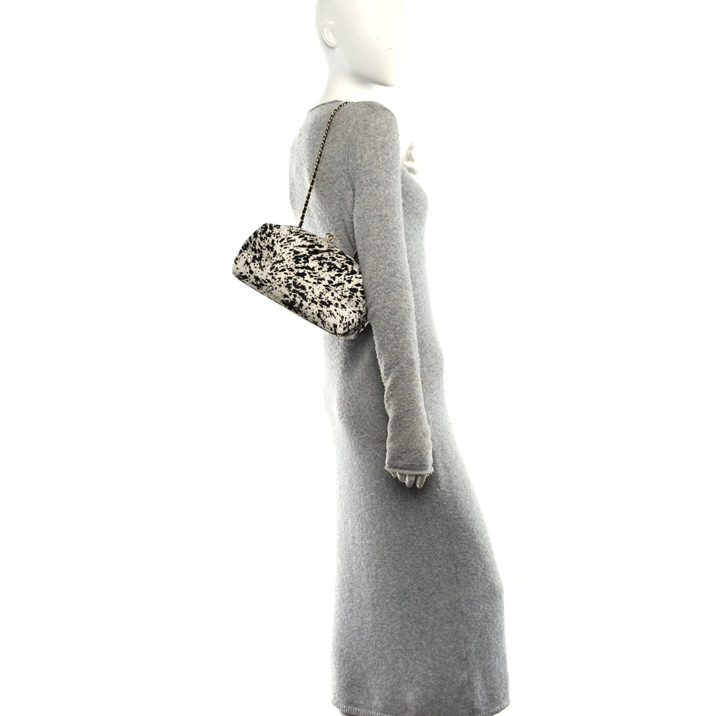 Lambskin Pony Hair Printed Clutch With Chain Black White
