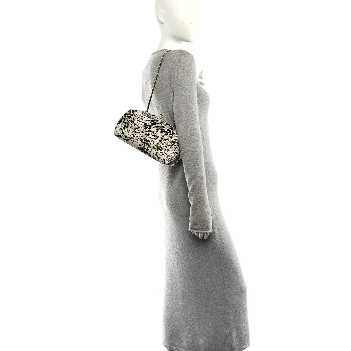 Lambskin Pony Hair Printed Clutch With Chain Black White