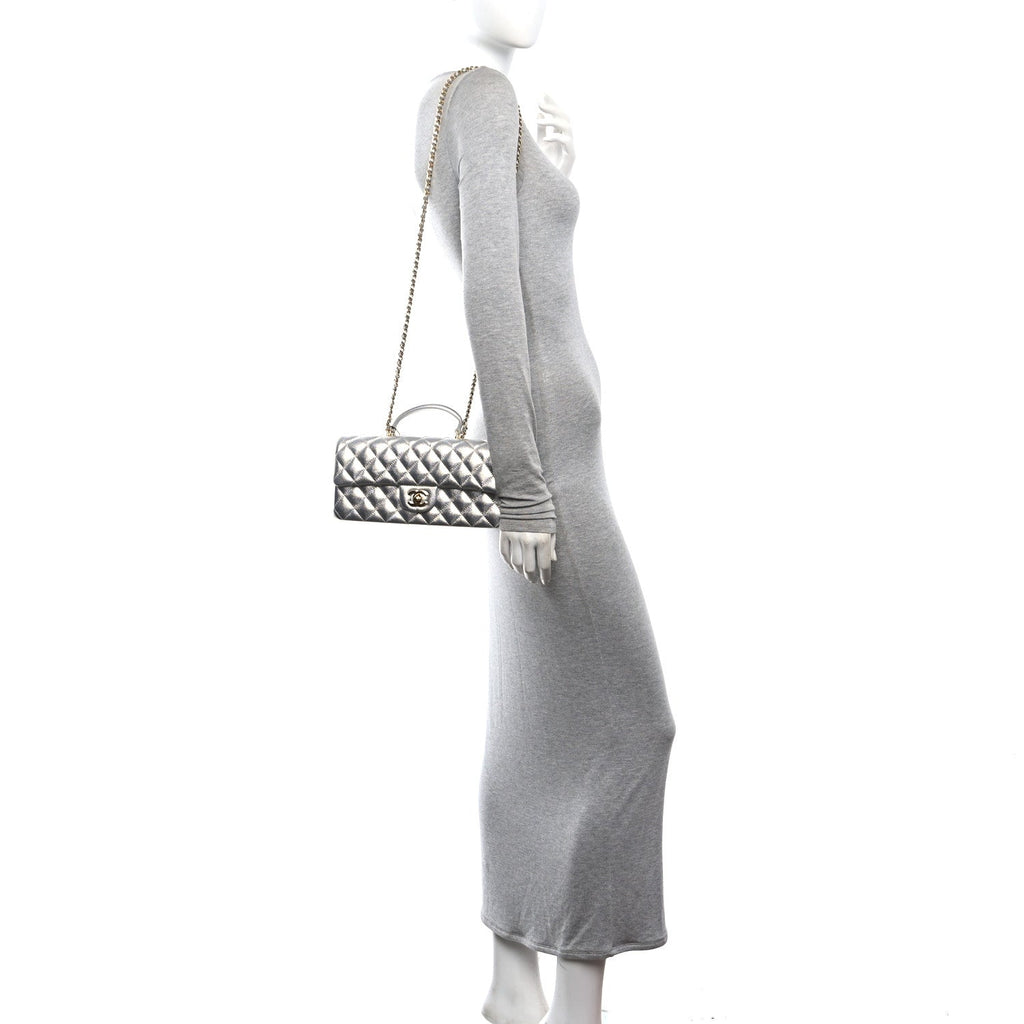 Metallic Caviar Quilted Top Handle East West Flap Silver