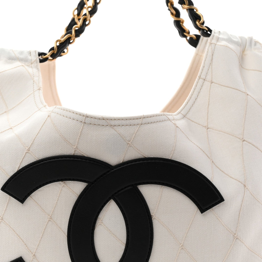 Denim Calfskin Quilted Coco Beach Small Shopping Tote White Black