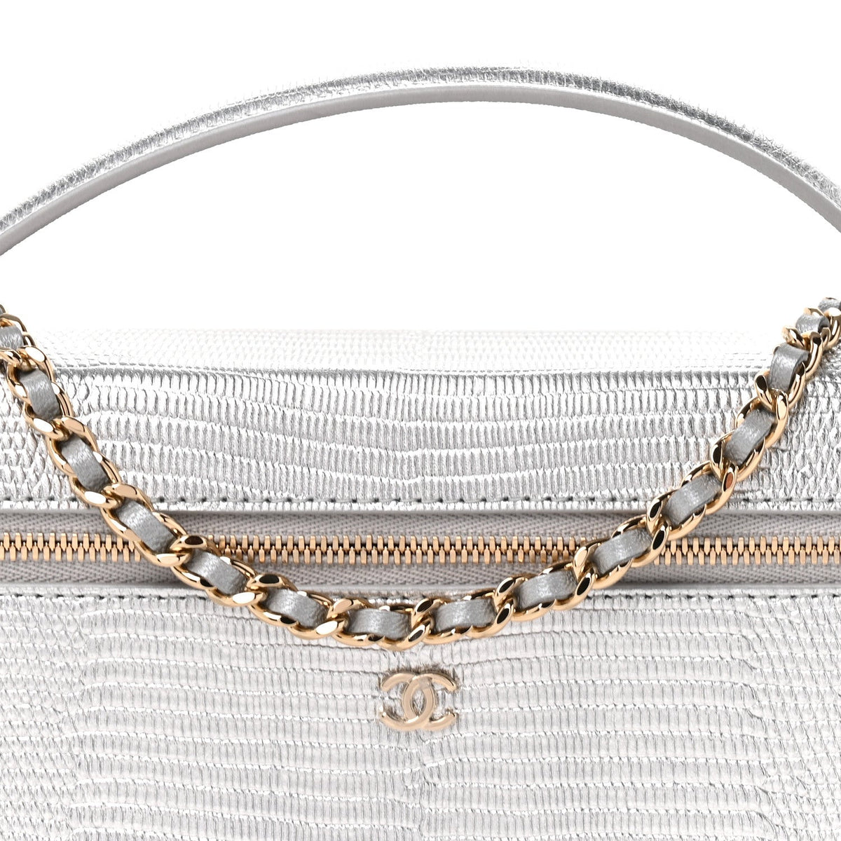 Lizard Embossed Calfskin Exoticoco Long Vanity With Chain Silvery