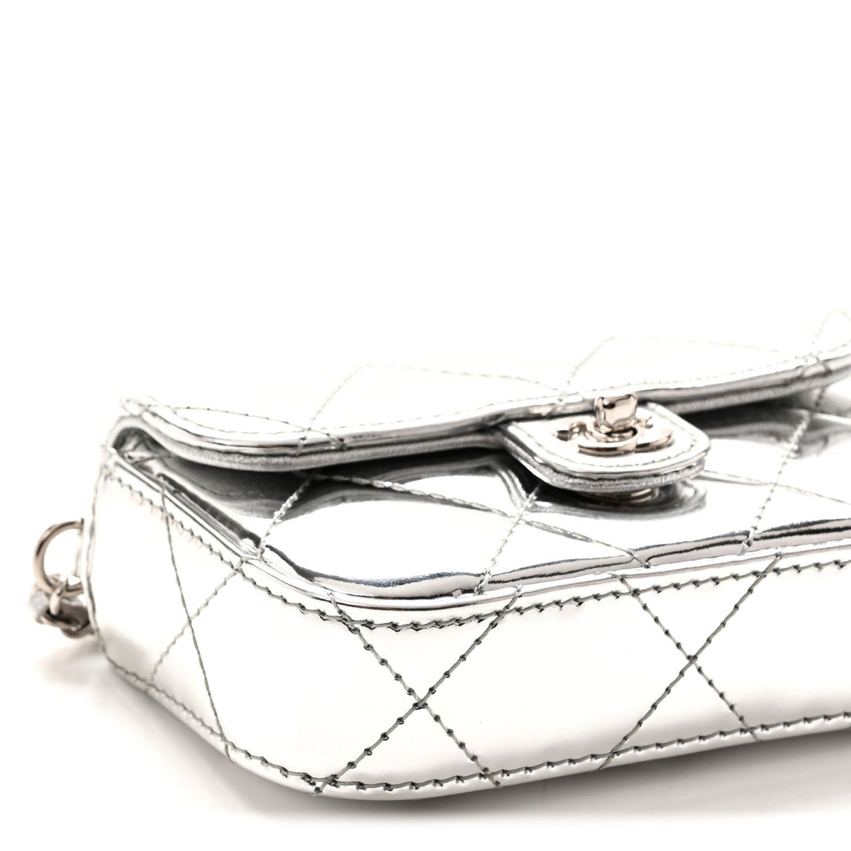 Mirror Calfskin Small Top Handle Clutch With Chain Silver