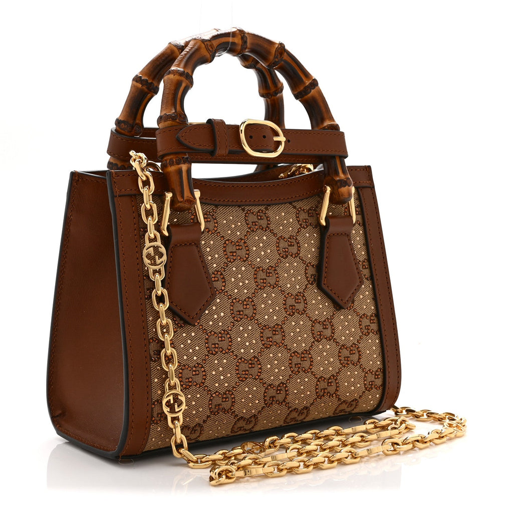 New Canvas Charisma Calfskin Crystal GG Monogram Mini Diana Tote Bag Camel Ebony