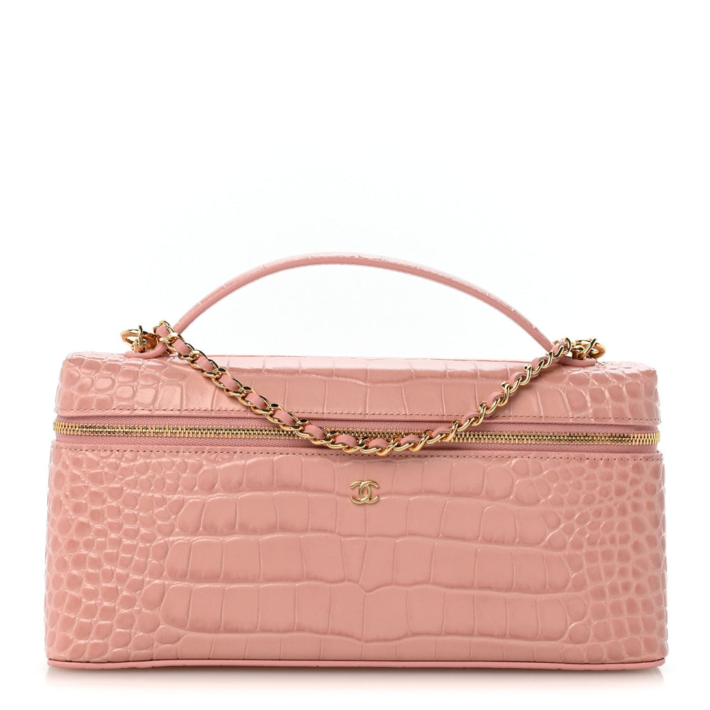 Calfskin Crocodile Embossed Crococo Exoticoco Long Vanity Case With Chain Pink