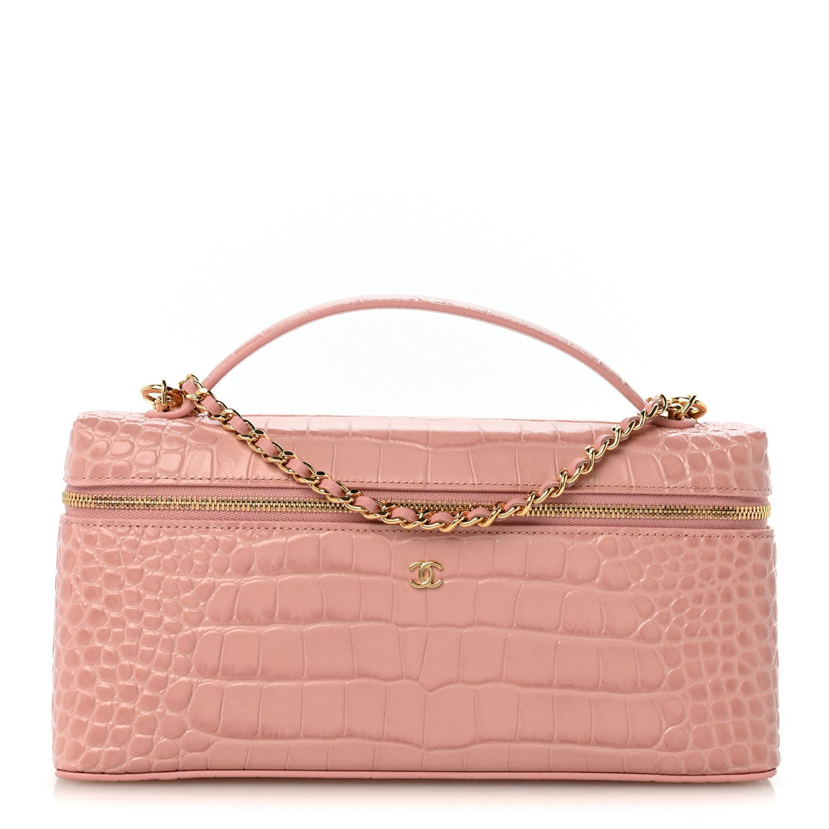 Calfskin Crocodile Embossed Crococo Exoticoco Long Vanity Case With Chain Pink