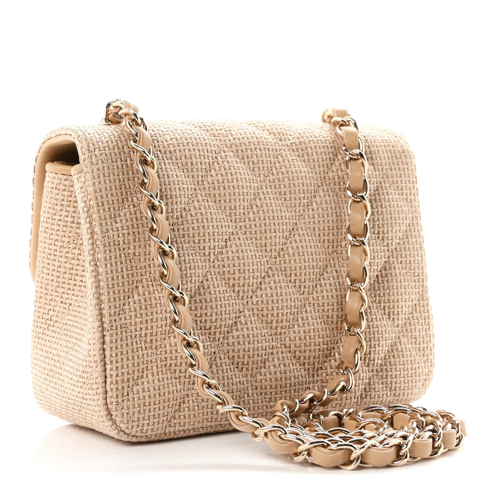 Braided Raffia Quilted Mini Square Flap Dark Beige