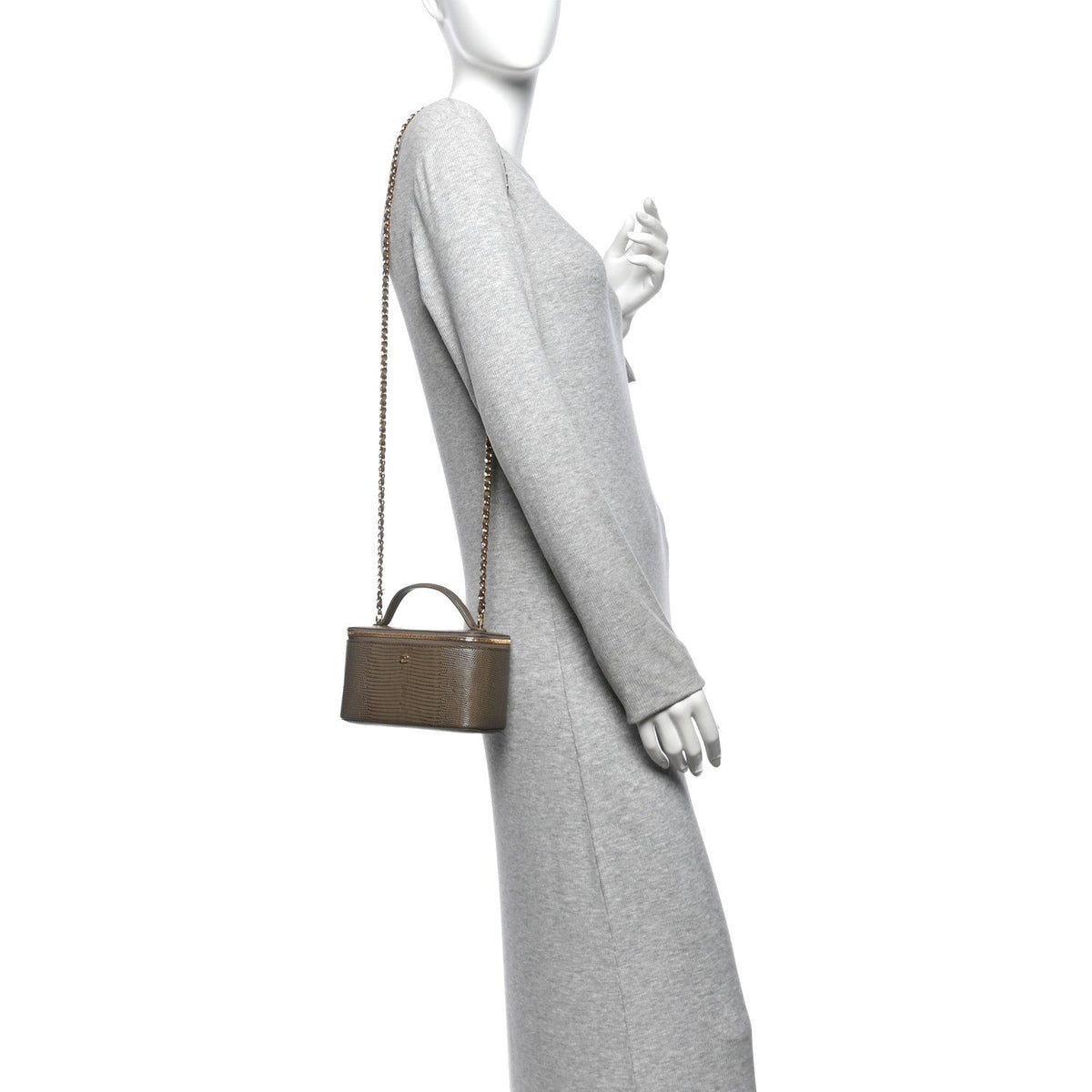 Calfskin Lizard Embossed Top Handle Vanity With Chain Dark Khaki