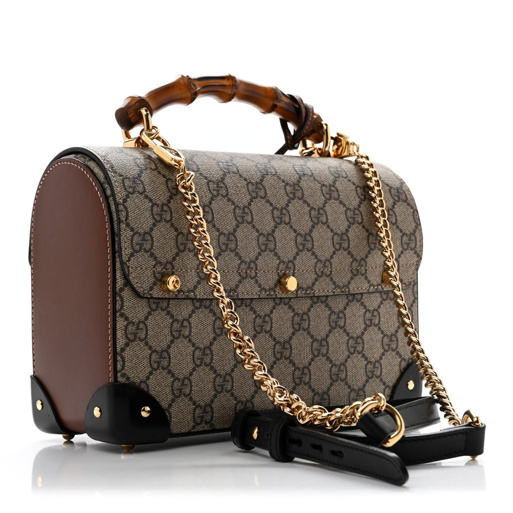 GG Supreme Monogram Small Padlock Bamboo Shoulder Bag Beige Black Cuir