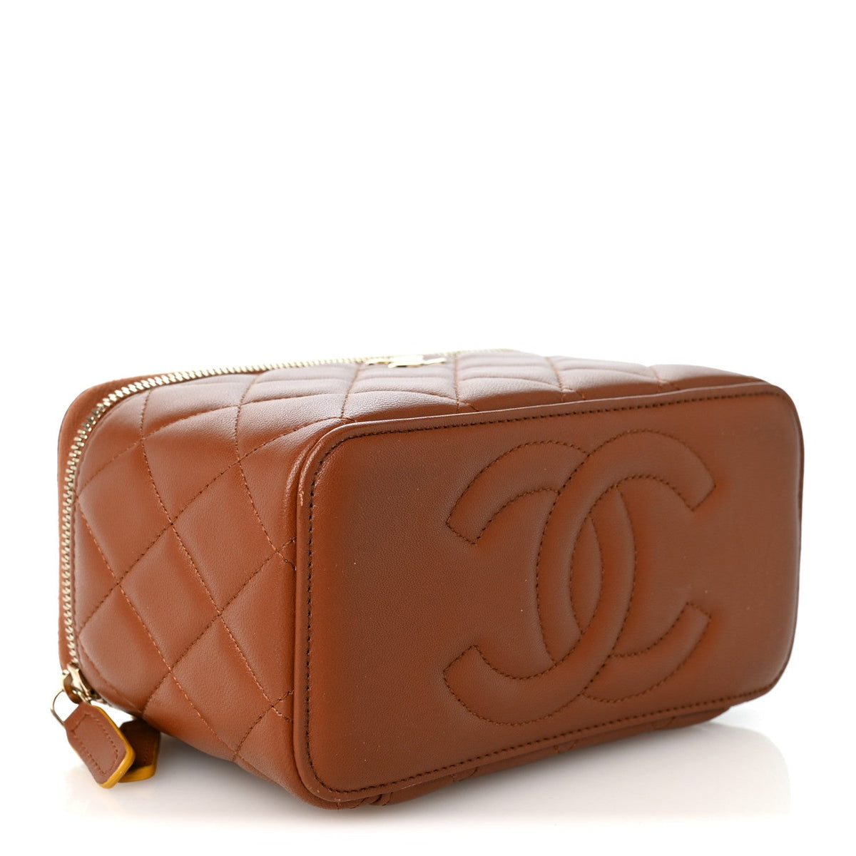 Lambskin Quilted Small Top Handle Vanity Case With Chain Light Brown Yellow
