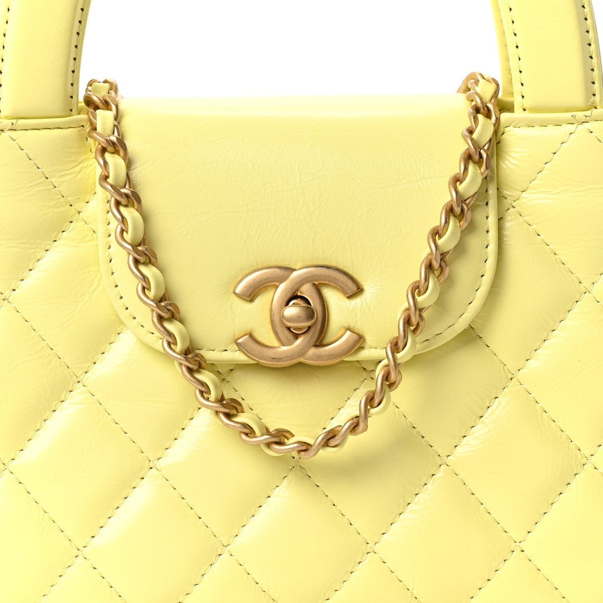 Shiny Aged Calfskin Quilted Nano Kelly Shopper Light Yellow