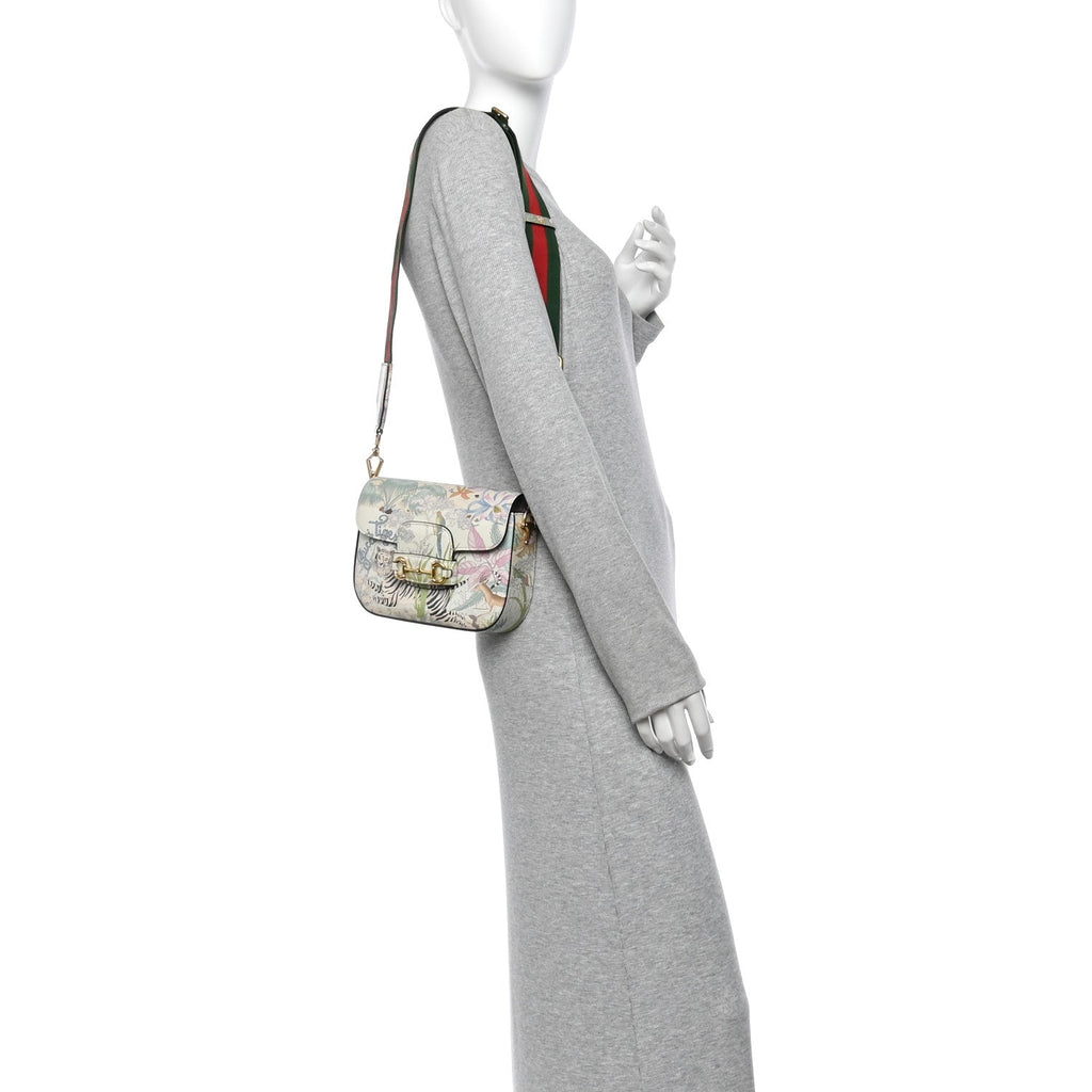 New Shangai Calfskin Tiger Savanah Web Mini Horsebit 1955 Shoulder Bag Chalky White Multicolor