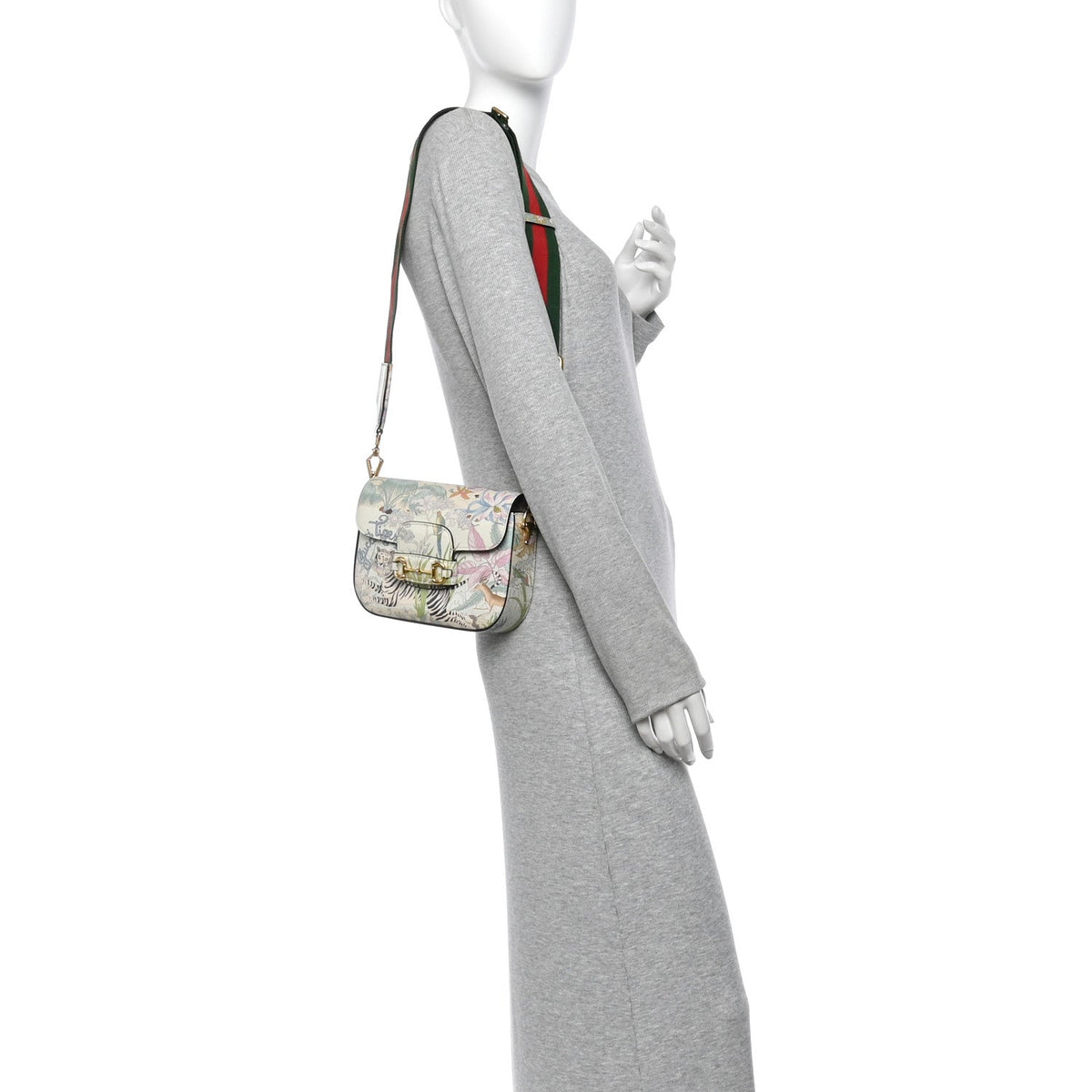 New Shangai Calfskin Tiger Savanah Web Mini Horsebit 1955 Shoulder Bag Chalky White Multicolor