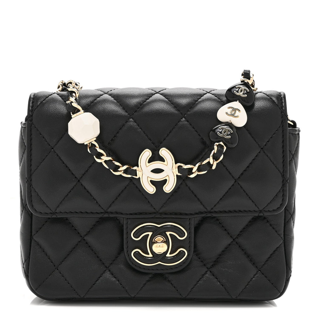 Lambskin Resin Quilted Mini Heart Square Flap Black