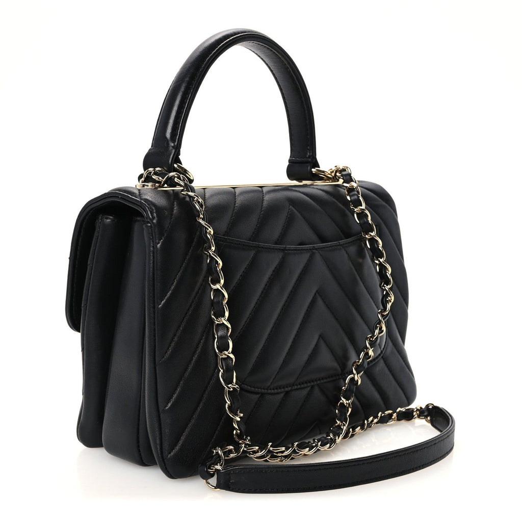 Lambskin Chevron Quilted Small Trendy CC Dual Handle Flap Bag Black