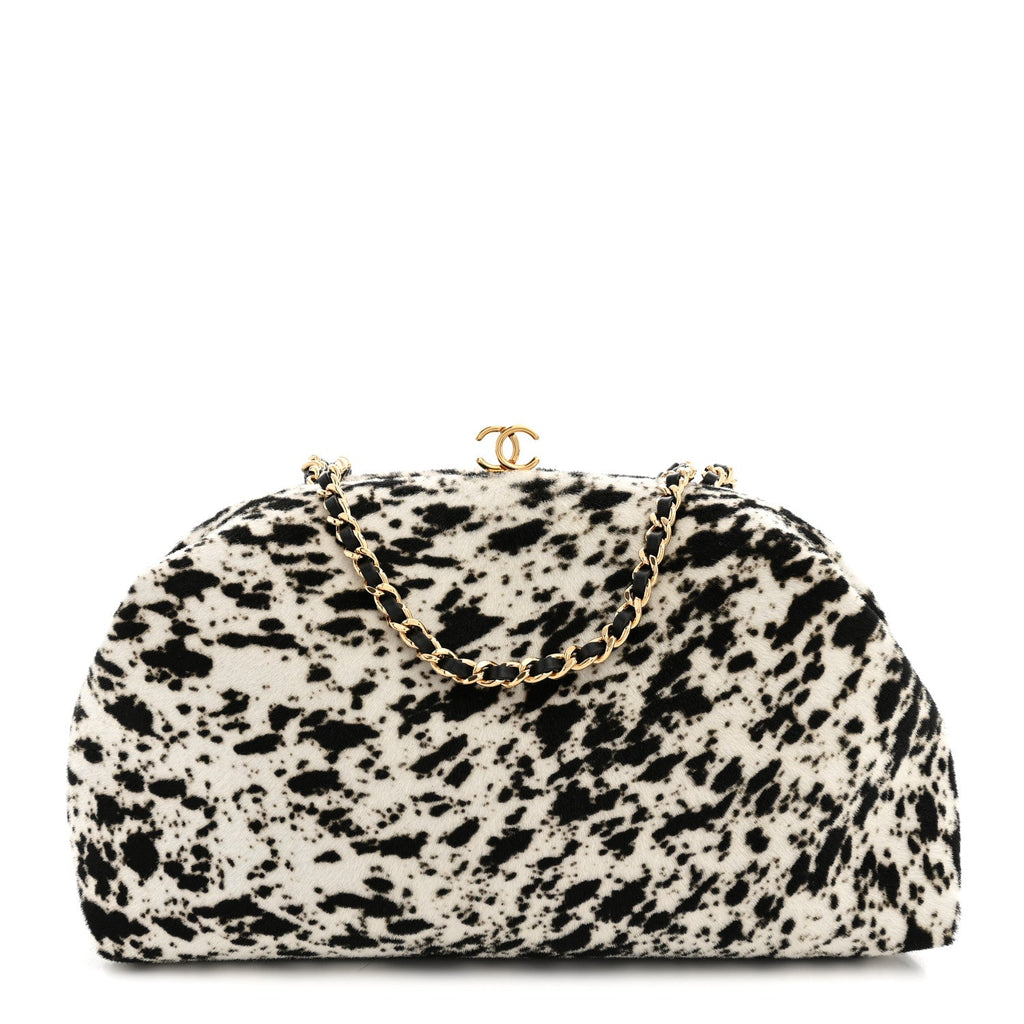 Lambskin Pony Hair Printed Clutch With Chain Black White
