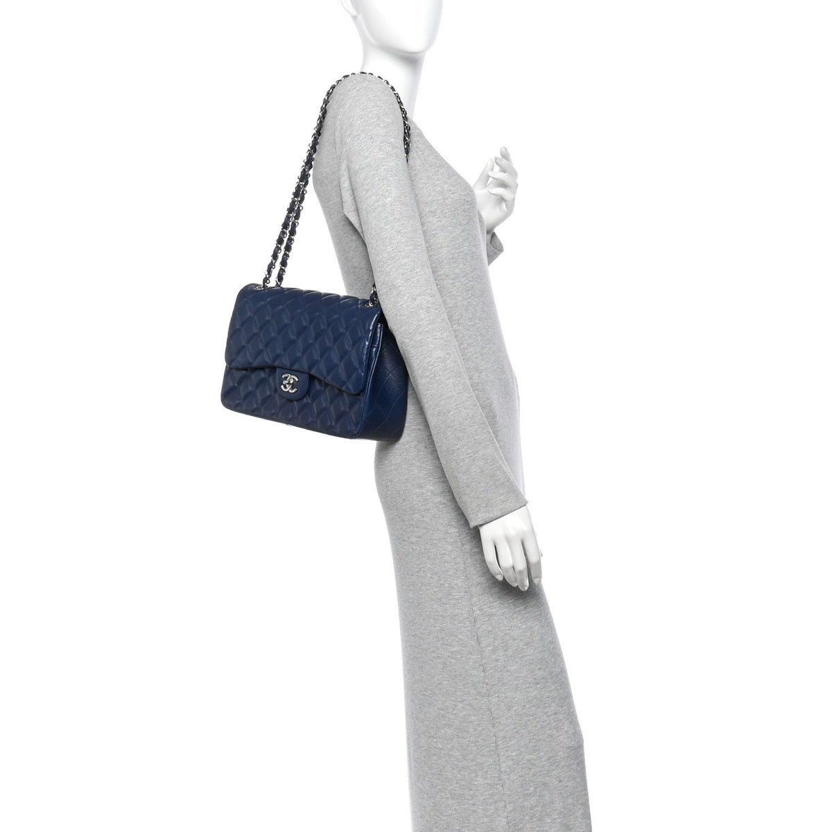 Caviar Quilted Jumbo Double Flap Navy Blue