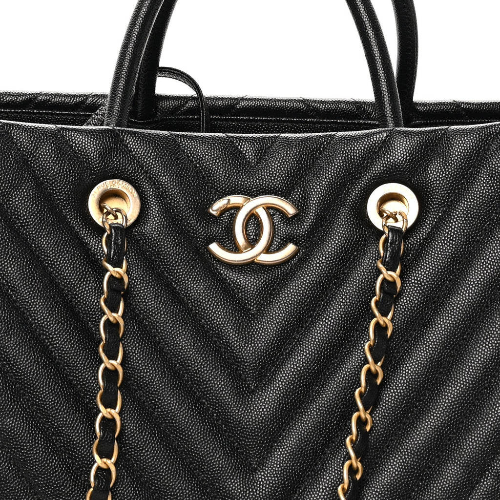 Caviar Chevron Quilted Coco Handle Shopping Tote Black