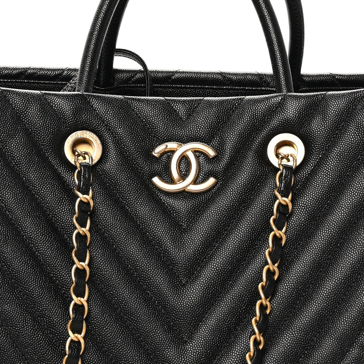 Caviar Chevron Quilted Coco Handle Shopping Tote Black