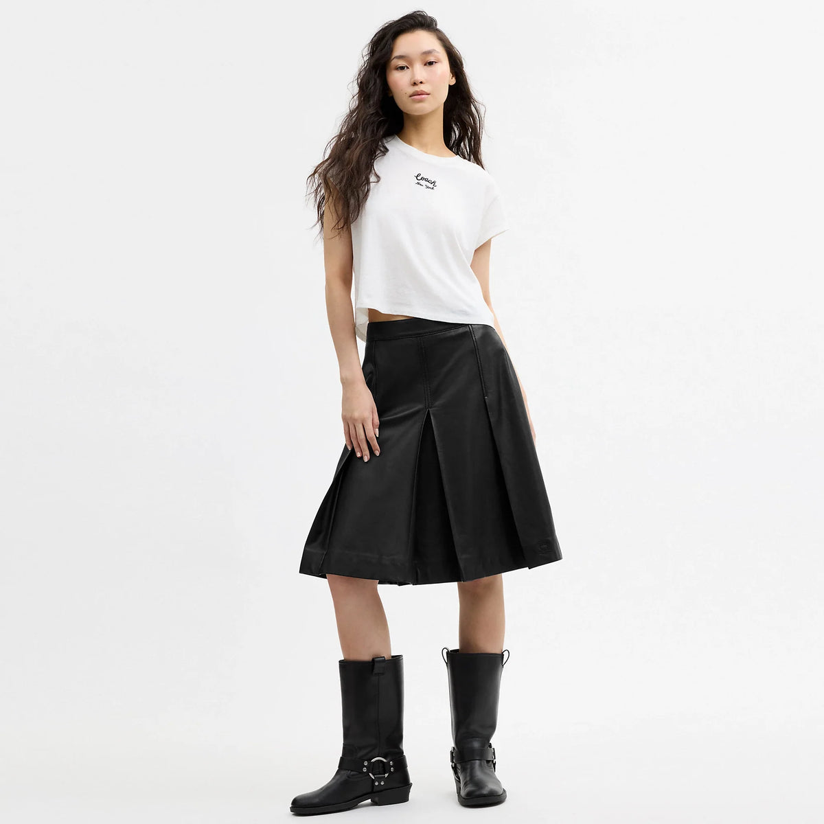 Coach Outlet Pleated Leather Midi Skirt