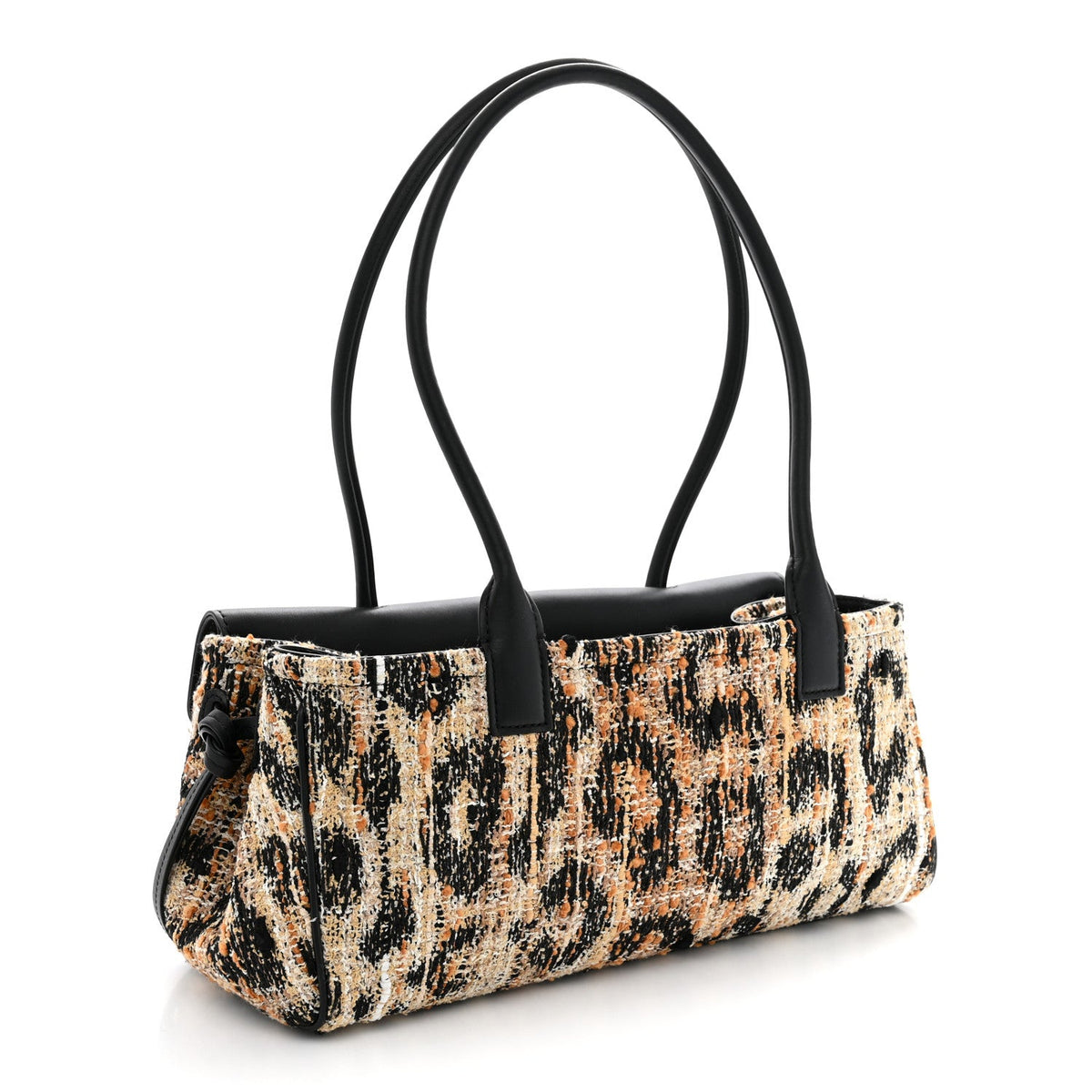 Calfskin Tweed Mixed Fibers Leopard Print Urban Essentials Small Shopping Bag Brown Black White