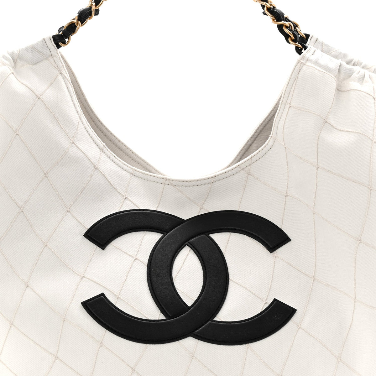 Denim Calfskin Quilted Coco Beach Small Shopping Tote White Black
