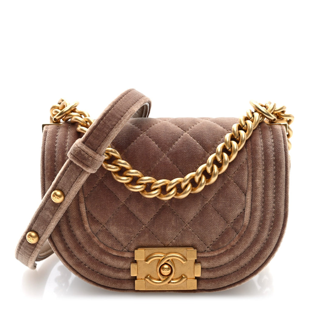 Velvet Quilted Mini Boy Messenger Bag Beige