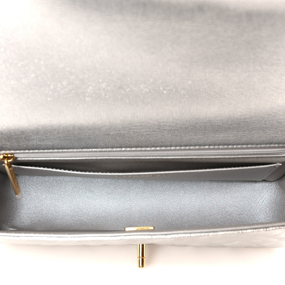 Metallic Caviar Quilted Top Handle East West Flap Silver