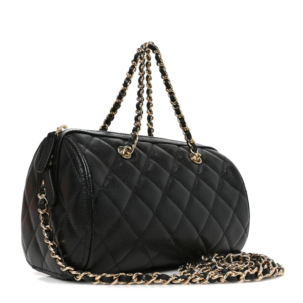 Caviar Quilted Barrel Clutch With Chain  Black