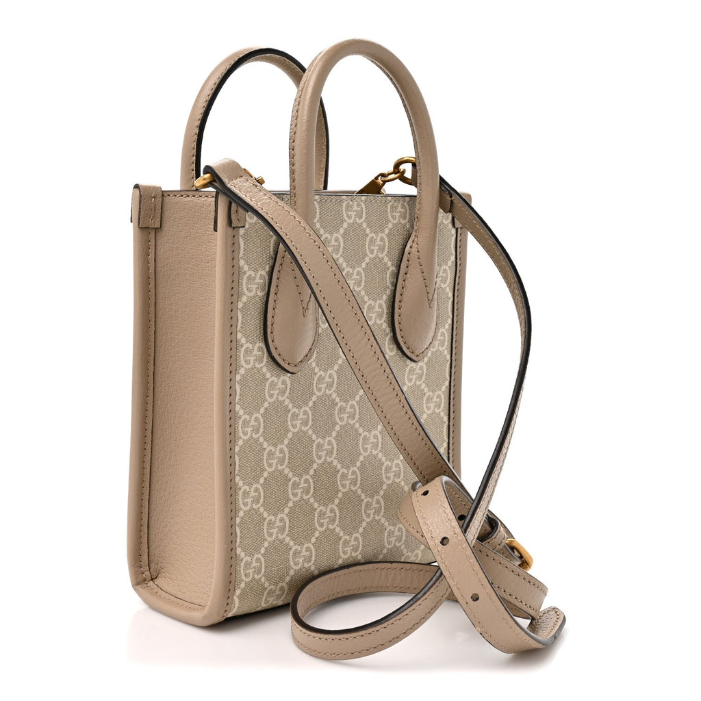GG Supreme Monogram Textured Dollar Calfskin Mini Retro Interlocking G Tote Bag Beige Mystic White Oatmeal