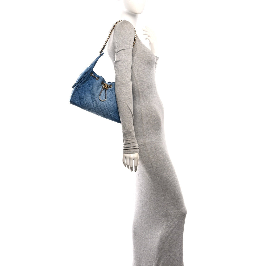 Washed Denim Quilted Small Chanel 25 Handbag Blue
