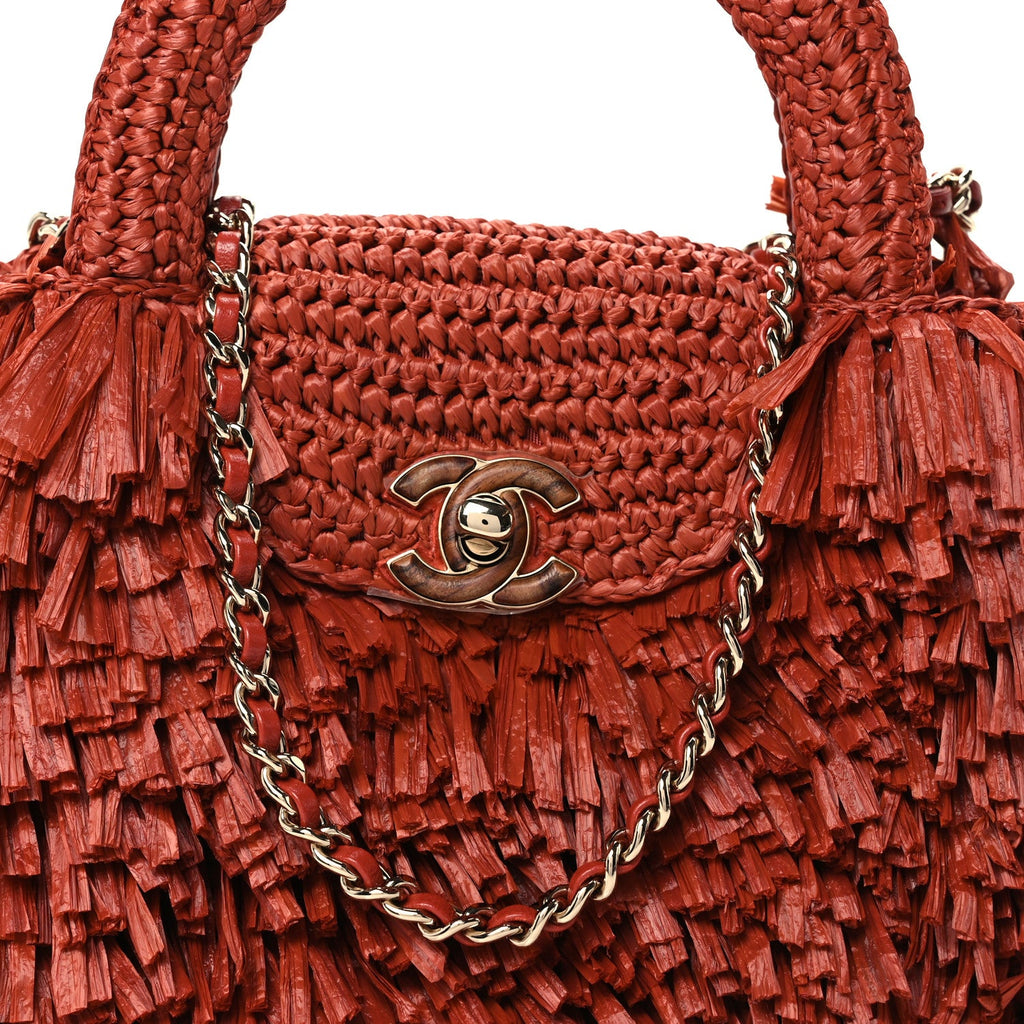 Raffia Fringe Nano Kelly Shopper Red