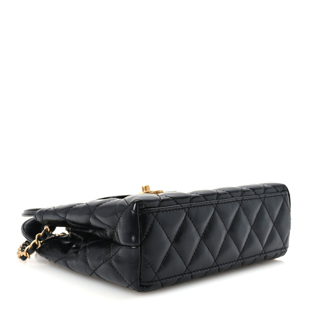 Shiny Aged Calfskin Quilted Nano Kelly Shopper Black