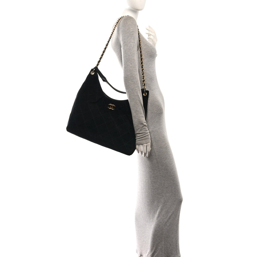 Suede Calfskin Lambskin Quilted Maxi Hobo Black