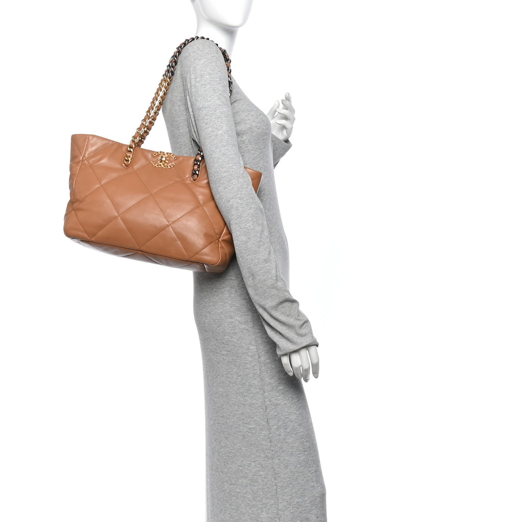 Lambskin Quilted Chanel 19 East West Shopping Bag Brown