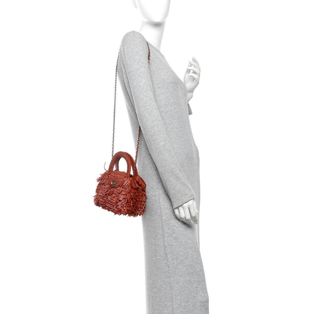 Raffia Fringe Nano Kelly Shopper Red