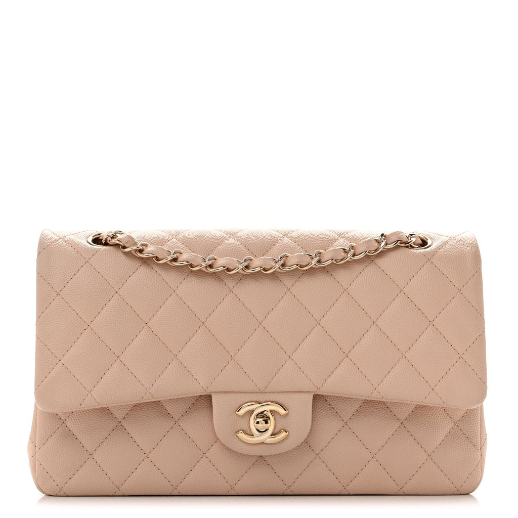 Caviar Quilted Medium Double Flap Light Beige